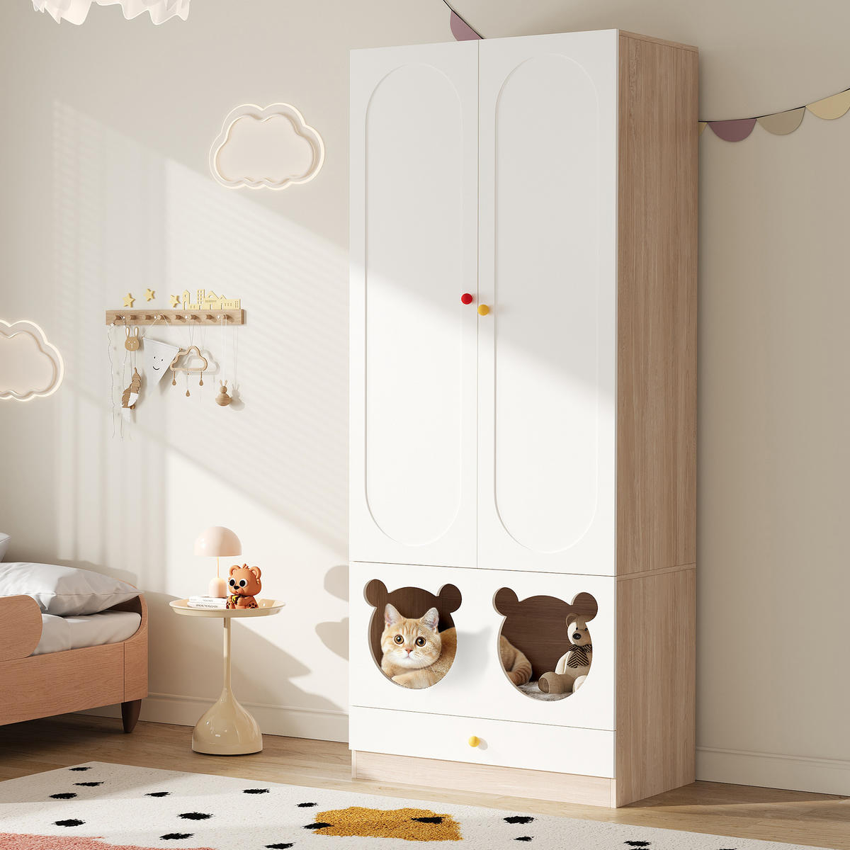 KINDER-KLEIDERSCHRANK 80x50x200cm Weiß + Natur mit Katzenbett Keramikgriffe - Multicolor, Holz (50/200/80cm) - FLIEKS