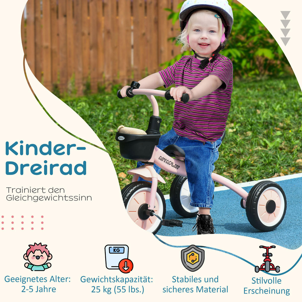 KINDERDREIRAD, Blau/Weiß/Roa, Metall+ EVA - Rosa, Metall (70.5/53/58cm) - AIYAPLAY