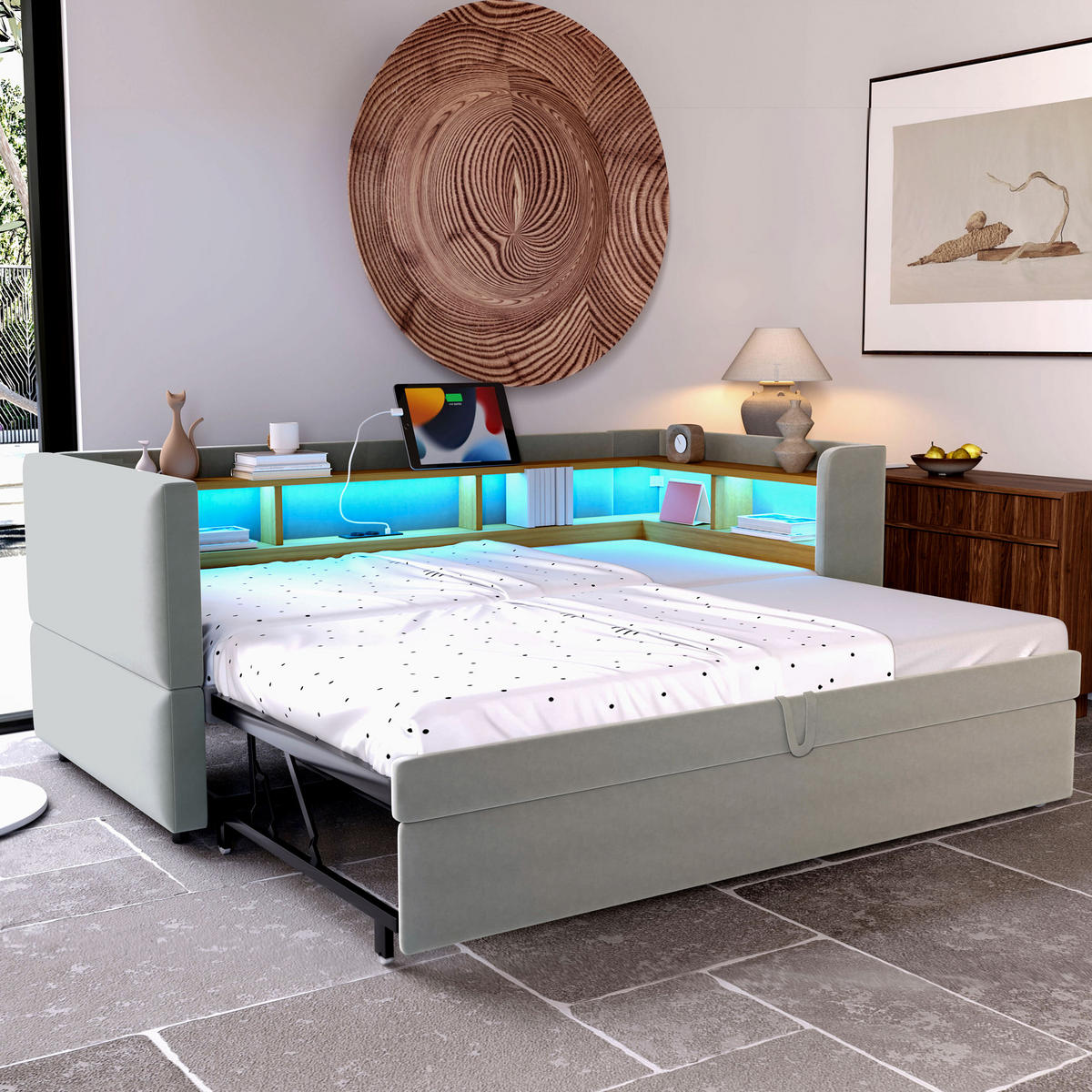 POLSTERBETT 90/180 cm Hellgrau Ausziehbett mit LED-Beleuchtung Steckdosen und Ablagefächern - Hellgrau, Textil (90/190cm) - OKWISH