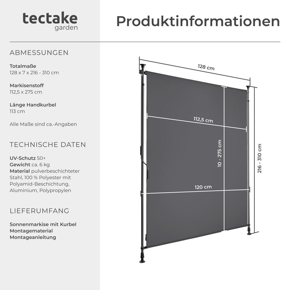 KLEMMMARKISE Taija,leichtgängige Handkurbel,dunkelgrau - Dunkelgrau, Kunststoff (128/310cm) - tectake