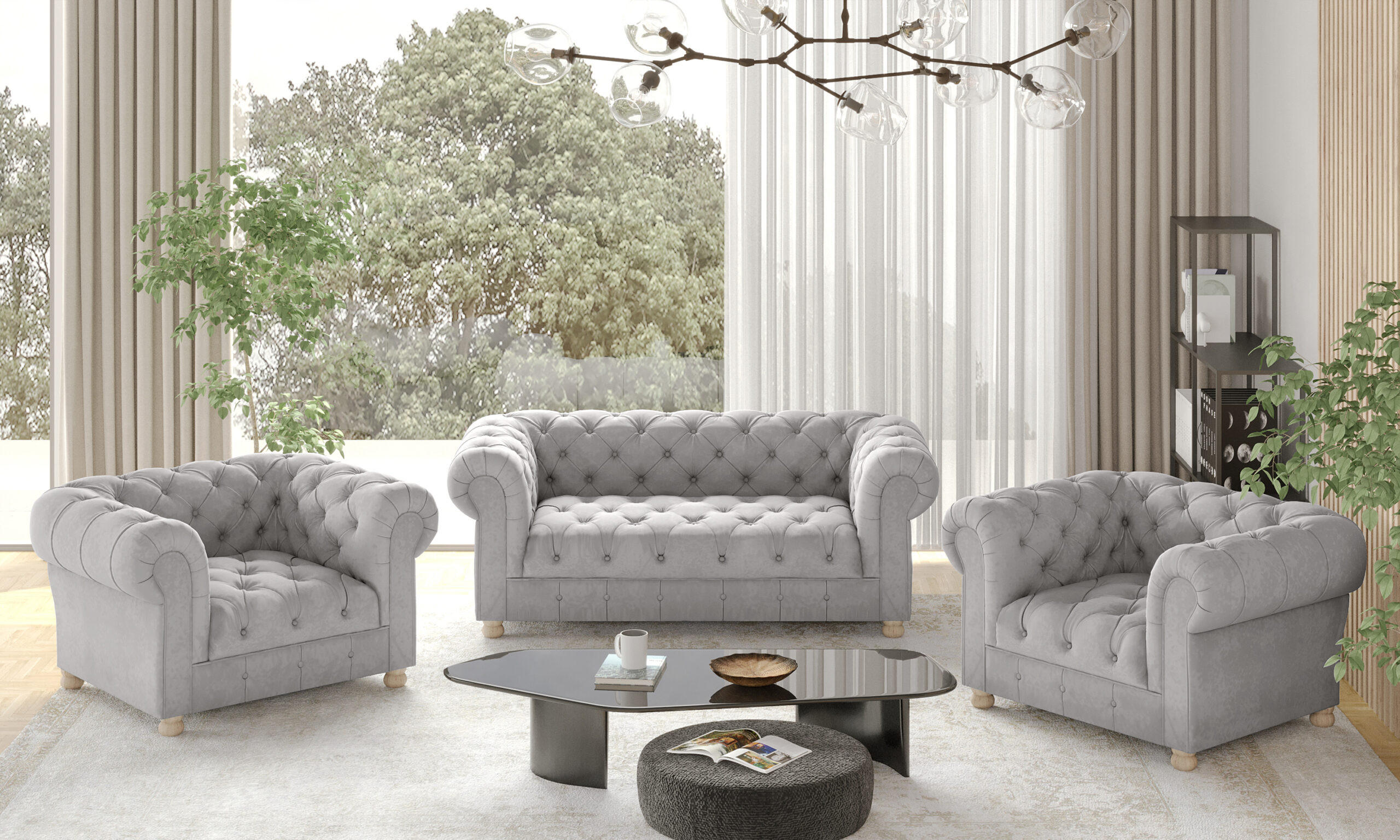 SITZGARNITUR CHESTERFIELD 2+1+1 Elegant Klassisch Schick Stoff Whisper Silber - Silberfarben, Holz (152/77/90cm) - Kaiser Möbel
