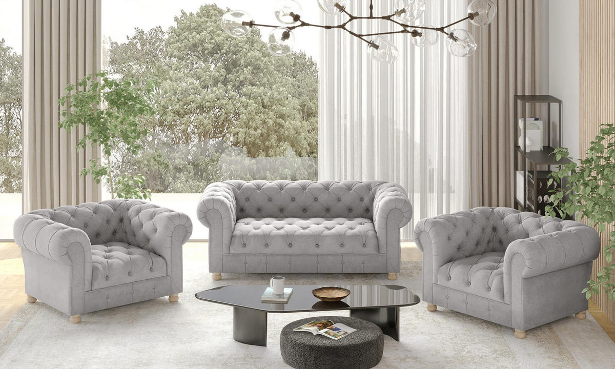 SITZGARNITUR CHESTERFIELD 2+1+1 Elegant Klassisch Schick Stoff Whisper Silber - Silberfarben, Holz (152/77/90cm) - Kaiser Möbel