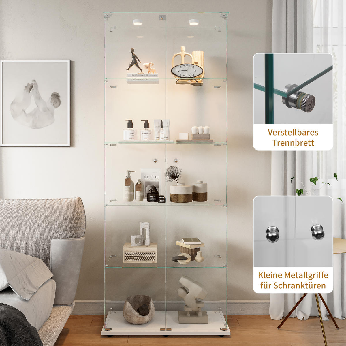 GLASVITRINE mit 5 Glasböden, Touch-LED, zweitürig mit Schloss, Weiß - Weiß, Glas (36.5/183/80.6cm) - BRILVERDE