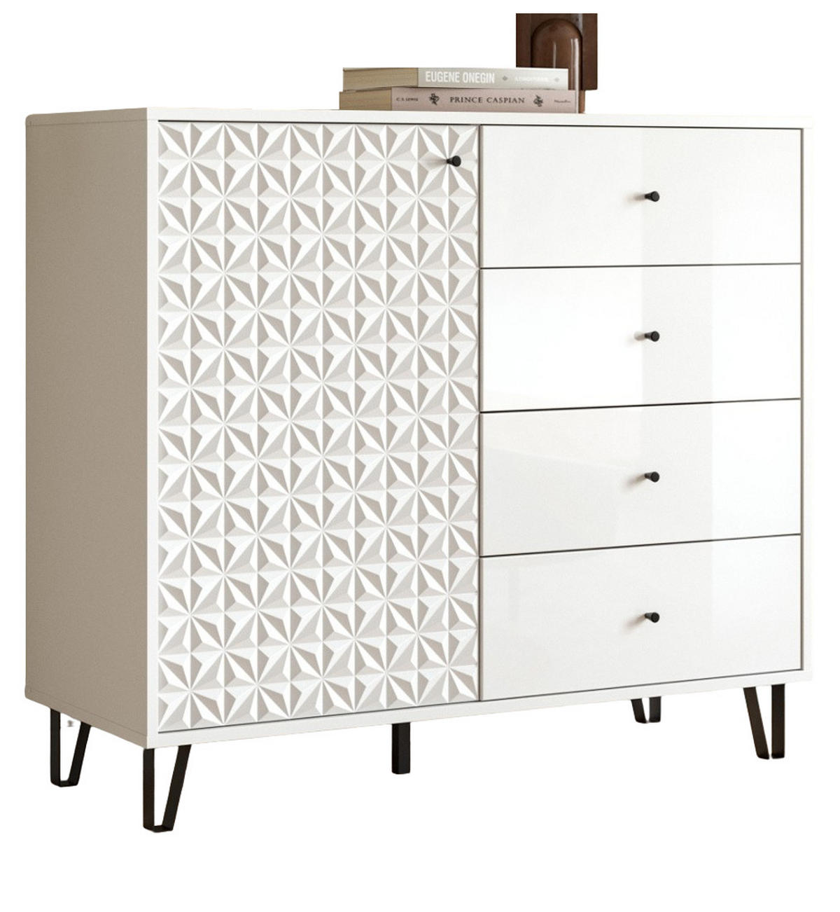 KOMMODE weiß Hochglanz 110 x 96 cm, Sideboard mit 3D-Struktur - Weiß Hochglanz/Schwarz, Holzwerkstoff/Kunststoff (110/96/40cm) - Inn.Furn