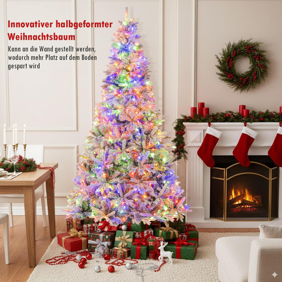 WEIHNACHTSBAUM halber Tannenbaum mit LEDs 180 cm weiß - Weiß, Metall (180cm) - COSTWAY