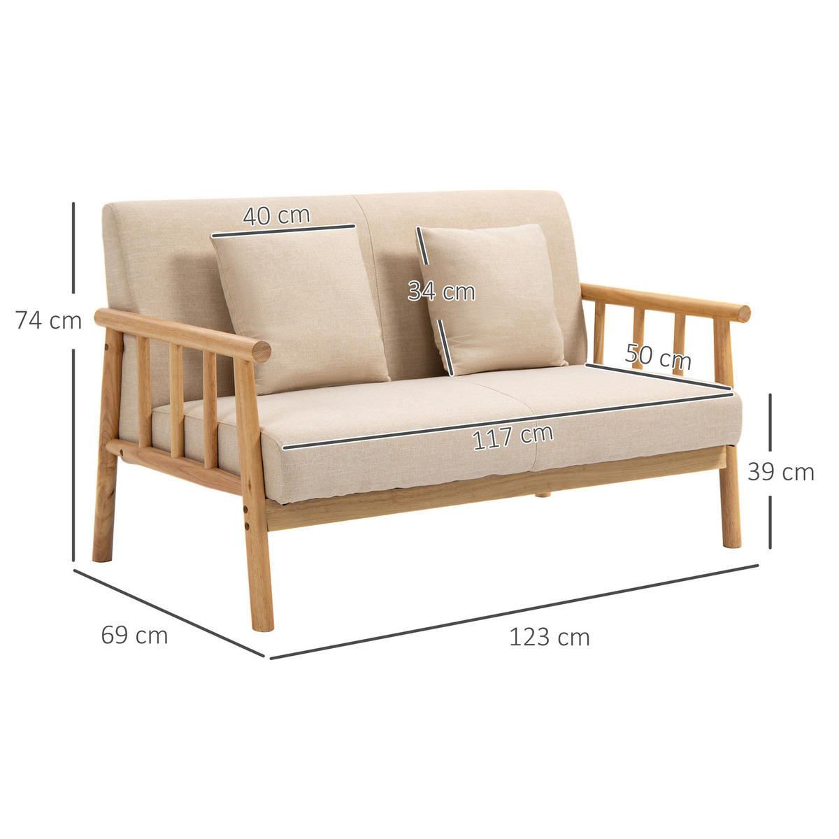 2-SITZER Sofa Stoffbezug Leinenoptik, Massivholzrahmen 123/69/74 cm Beige - Beige, Textil (69/74/123cm) - Redom