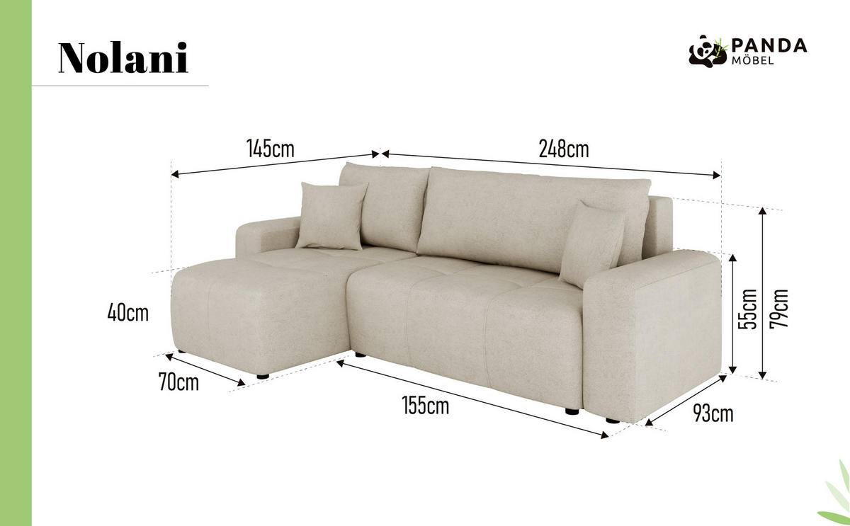 ECKSOFA Nolani mit Schlaffunktion & Bettkasten – Modern & Bequem - Creme, Kunststoff (248/145cm) - Panda Möbel