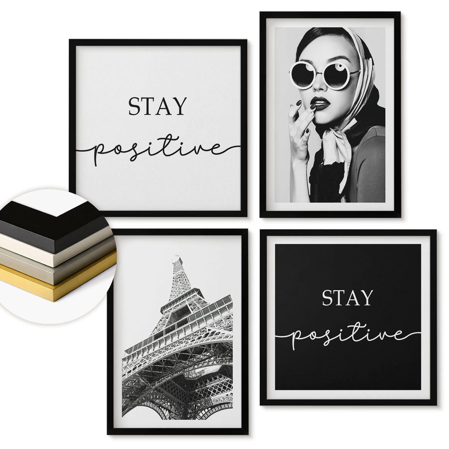 WANDBILDER 4er-Set - 50x50 cm & 40x60 cm Schwarzer Rahmen - Porträts, Eiffelturm-Slogans - Schwarz, Kunststoff (50/50cm) - ArtPrintCave