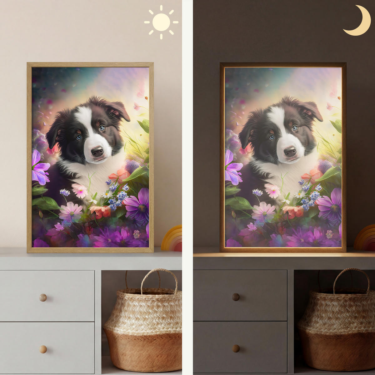 NÁSTĚNNÁ LAMPA S AKUMULÁTOREM Štěně - Slunce - Květiny - Příroda - Border kolie - Pes 40x60 cm - fialová, kompozitní dřevo (40/60/8cm) - OnlyWow