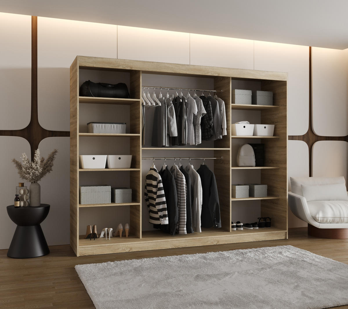 SCHWEBETÜRENSCHRANK 200/250/62 3-türig - Silberfarben/Sonoma Eiche, Holz (250/200/62cm) - MÖBEL KRYSPOL