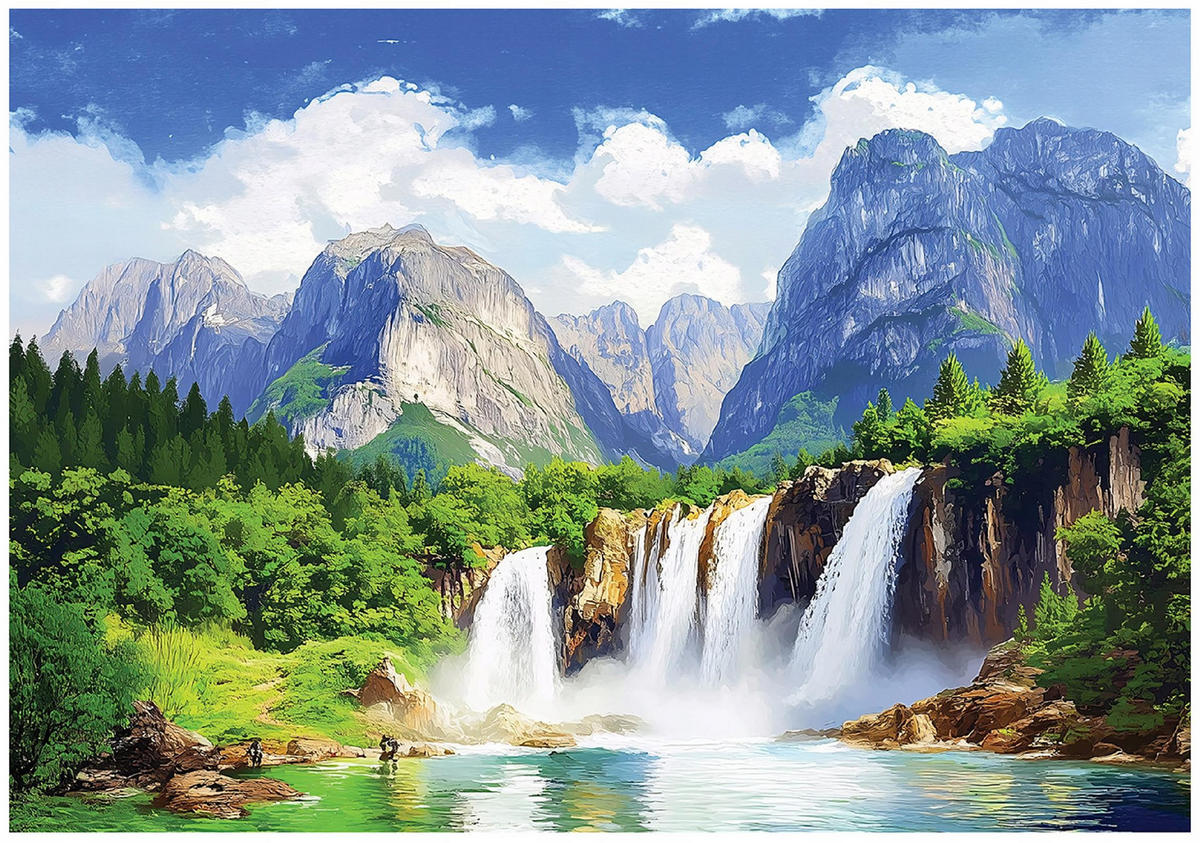 FOTOTAPETE 3D Effekt Wasserfall Berge Natur Tapete Wohnzimmer 350x250 - Multicolor, Papier (350/250cm) - Wallarena