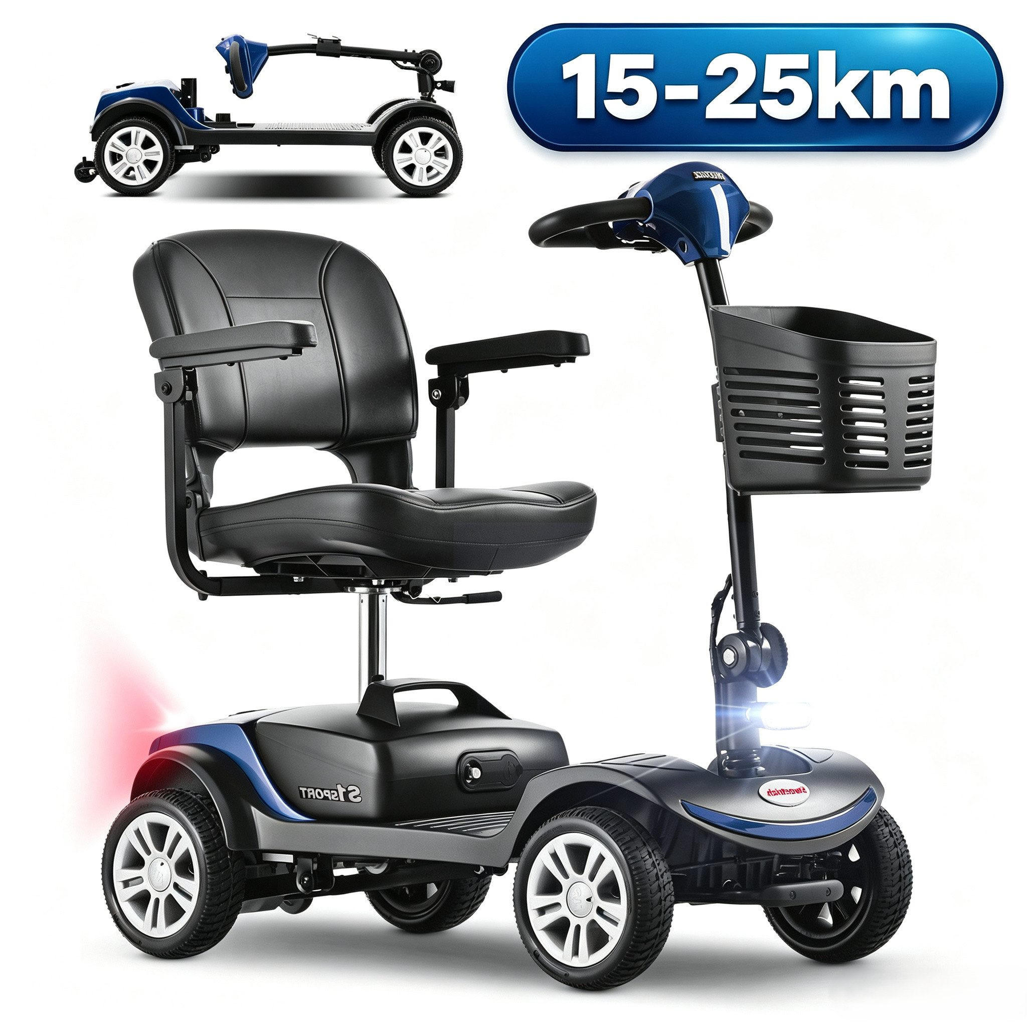 ELEKTROMOBIL 300W 25km Reichweite 360°Drehsitz 136kg Traglast Seniorenmobil - Blau, Metall (50/94.5/119cm) - Gisaae