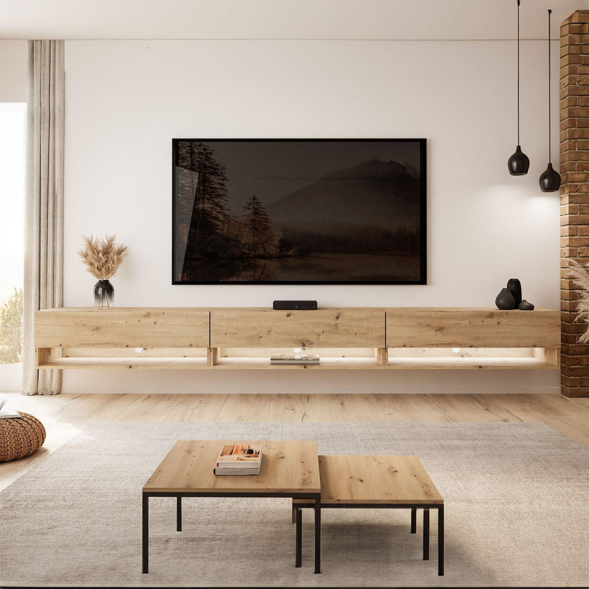 HÄNGESCHRANK TV-Möbel CALANTE LOFT 270 cm mit LED-Beleuchtung - Eiche Artisan, Holzwerkstoff (270/30/35cm) - Lookway