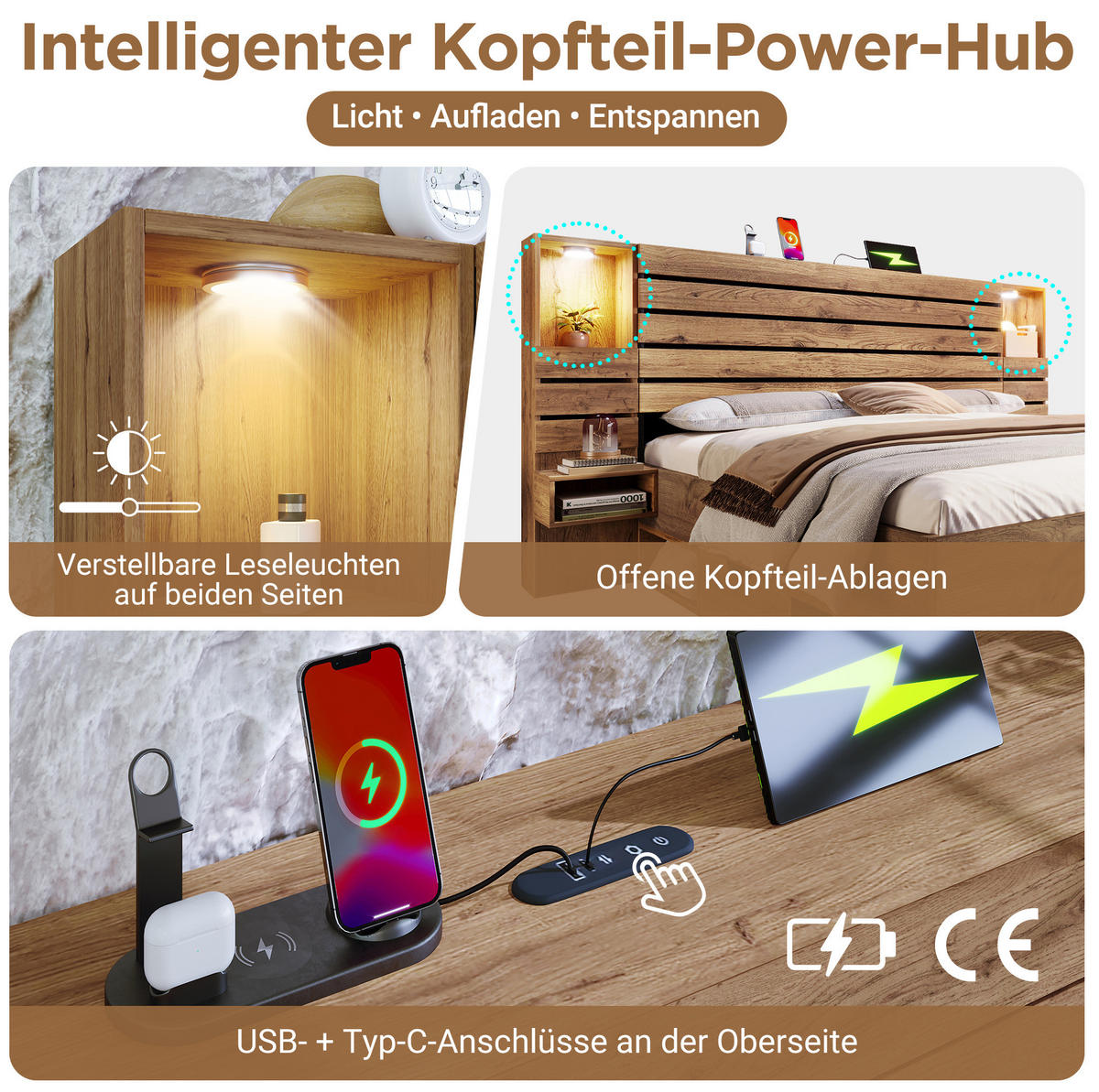 BETT 160/200 cm mit USB, LED und Stauraum inkl. Matratze in Eiche - Eichefarben, Holzwerkstoff (160/200cm) - BEAOK