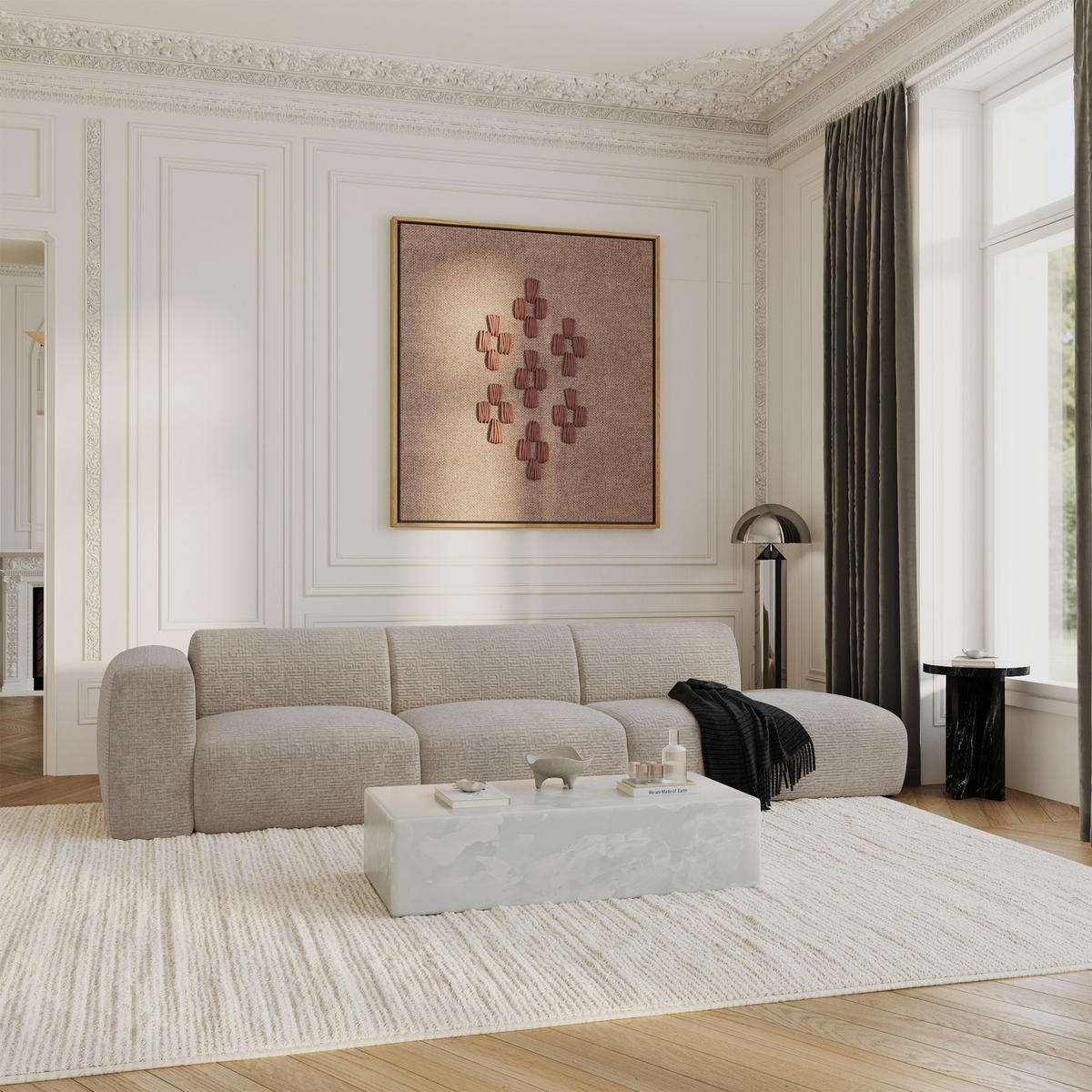 SOFA 5-Sitzer Gemusterter Samt Beige 310cm - Beige, Textil (310/73/96cm) - Sia Home