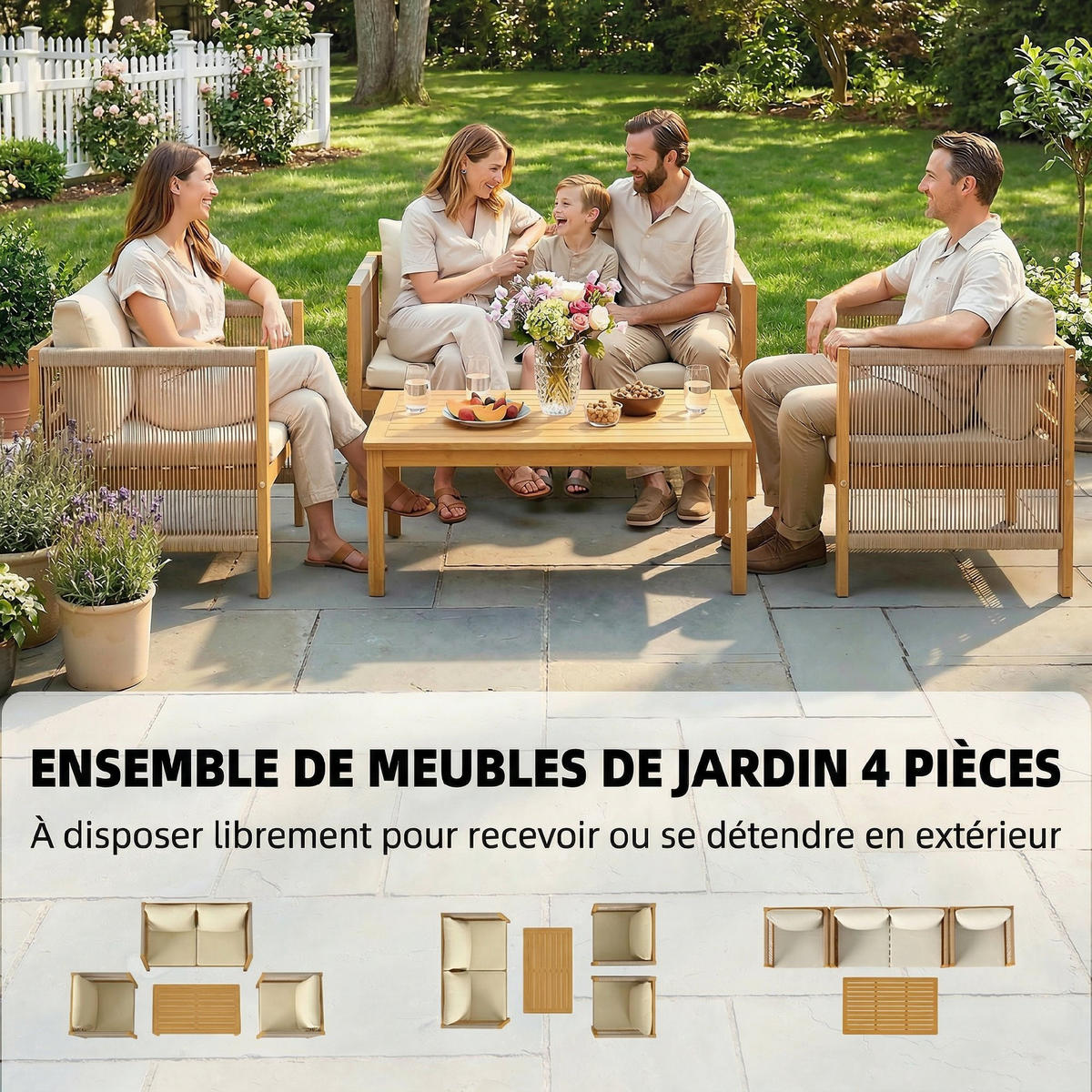 GARTENSET DE-13511 4-teilig mit Akazienholz & Seil Natur - Beige, Holz - ComfortXL