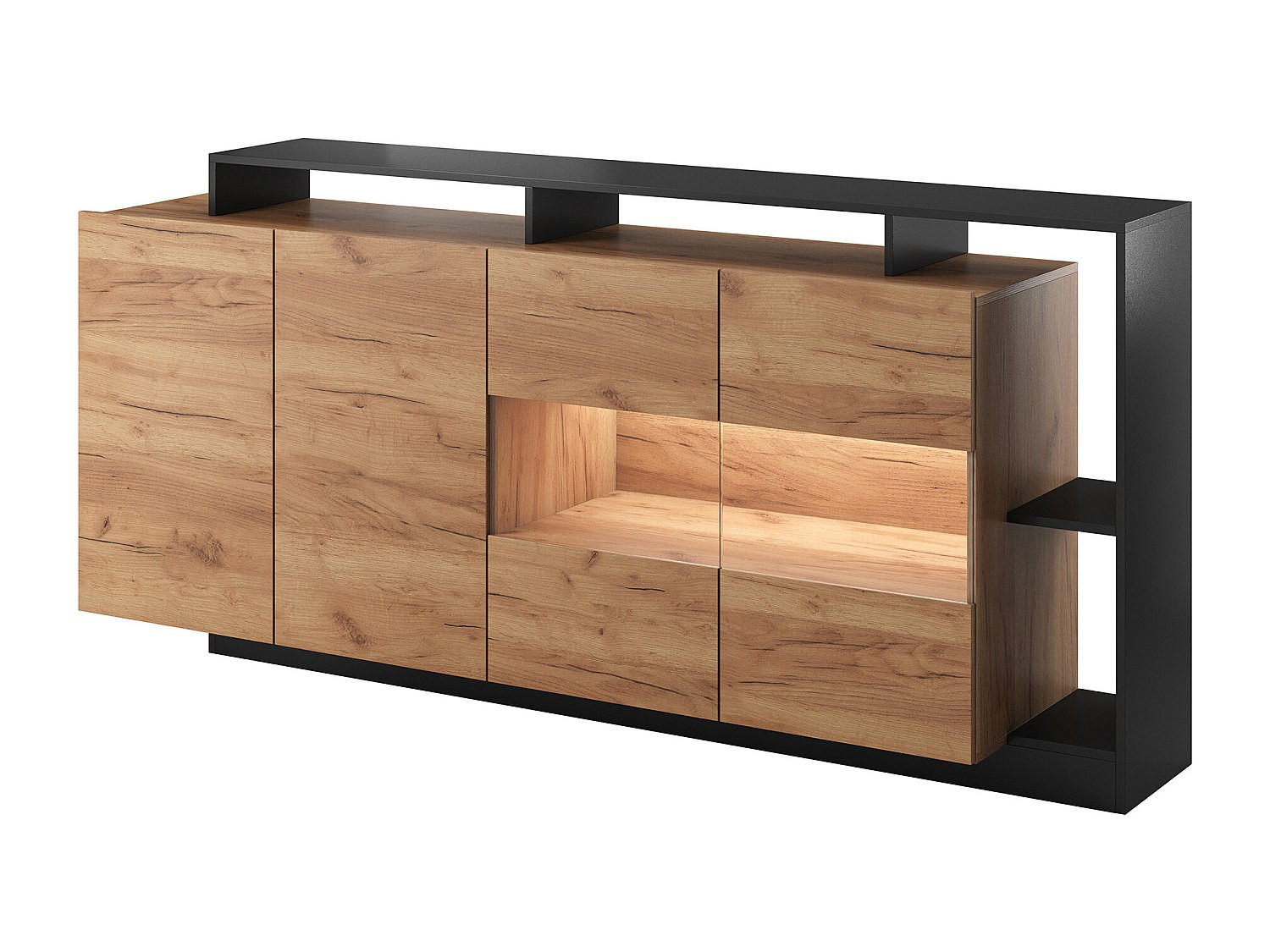 SIDEBOARD mit 4 Türen & 4 Ablagefächern - Mit LED-Beleuchtung - Holzfarben hell & Anthrazit - IDESIA - Anthrazit, Holz (200/92.8/43.6cm) - Vente-Unique