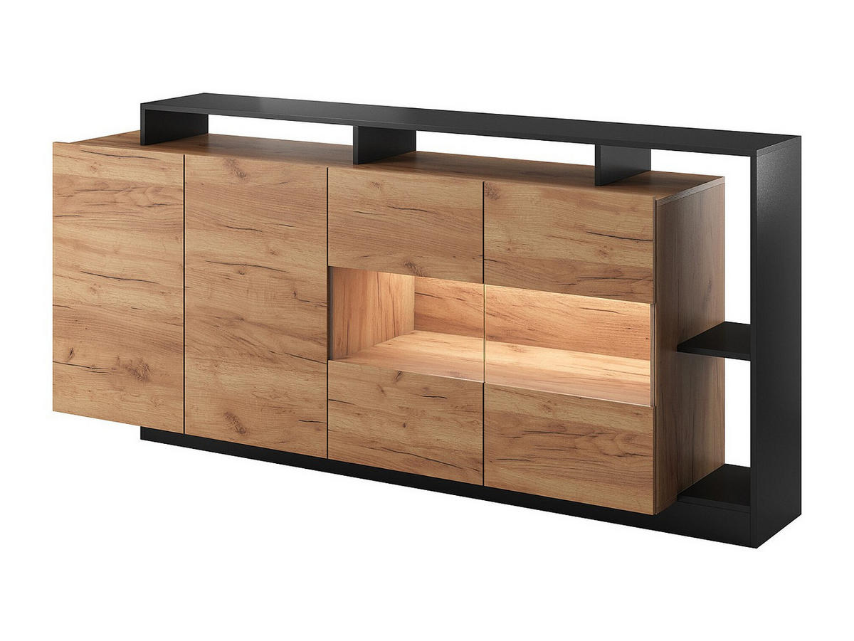 SIDEBOARD mit 4 Türen & 4 Ablagefächern - Mit LED-Beleuchtung - Holzfarben hell & Anthrazit - IDESIA - Anthrazit, Holz (200/92.8/43.6cm) - Vente-Unique