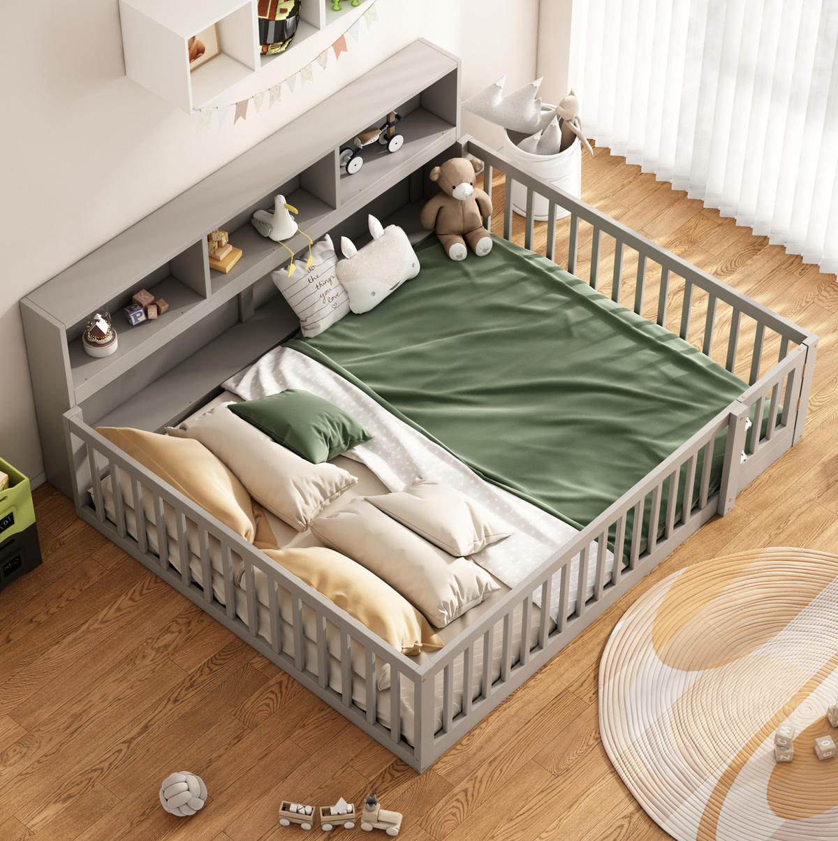 KINDERBETT 140/200 cm aus Kiefernholz und MDF mit Staufächern und Rausfallschutz - Grau, Holz (140/200cm) - BEAOK