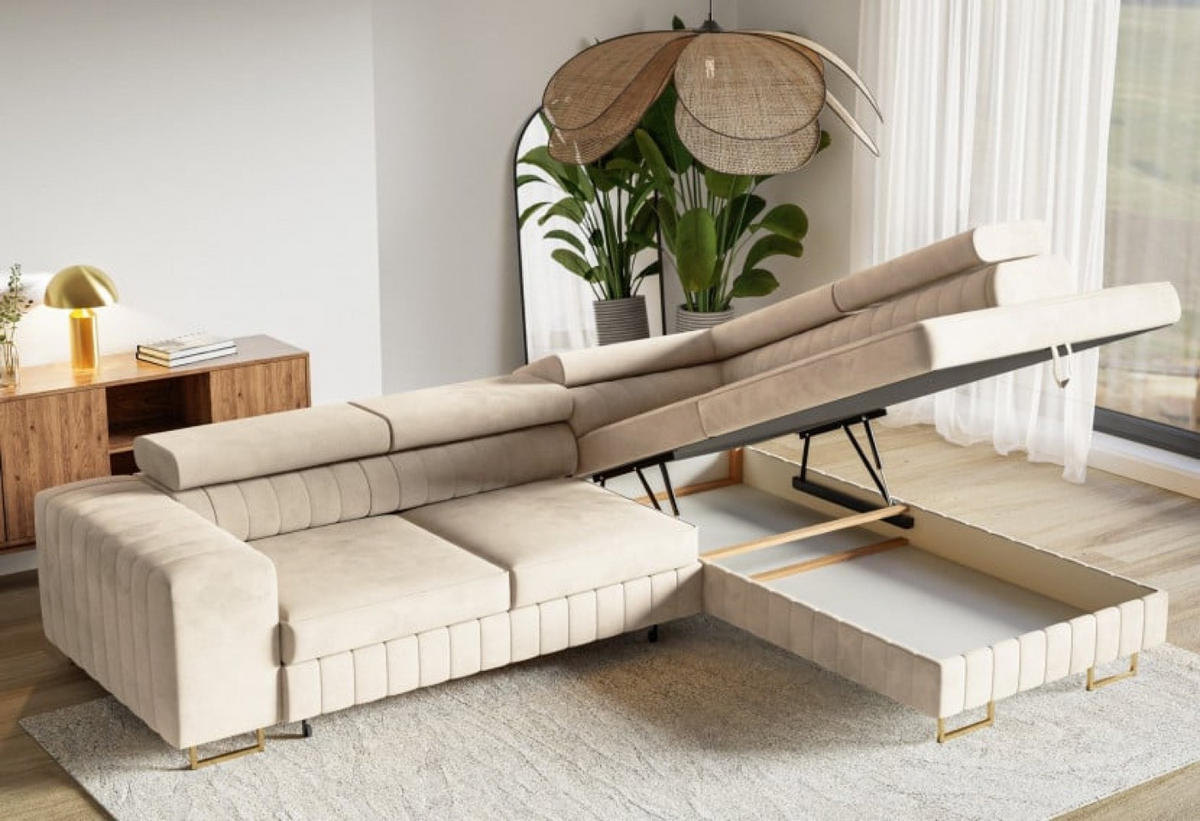 ECKSOFA Beige NOLA Matt Velvet Goldene Beine Rechts - Beige, Textil (203/274cm) - Sepro Meble