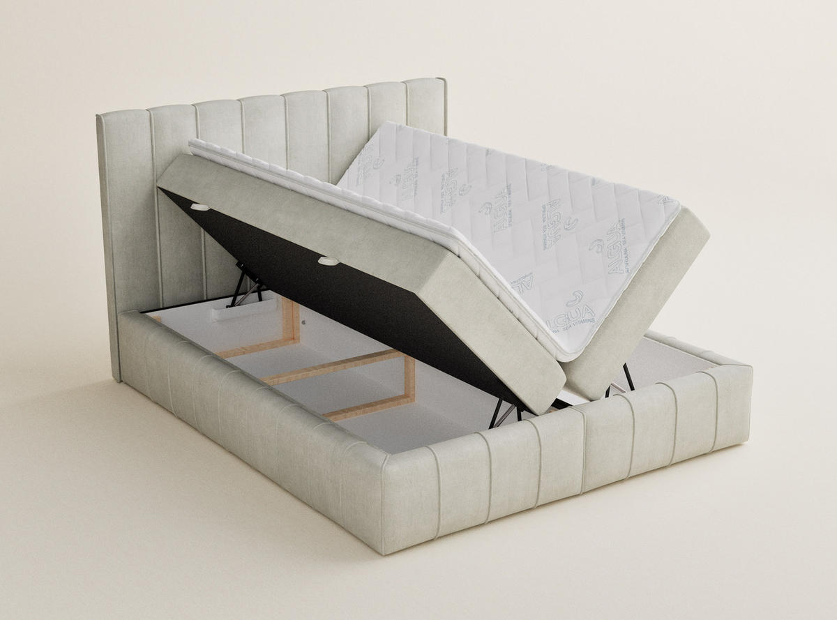 BOXBETT Moretti 140/200 cm, in Creme, Bettkasten, Matratze, Topper - Creme/Schwarz, Holz/Holzwerkstoff (140/200cm) - Maison de Reve