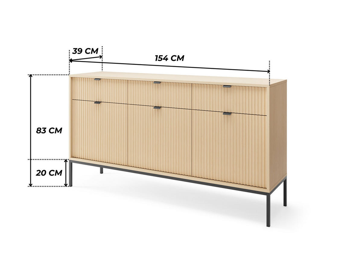 MODERNE Geriffelte Kommode KIOTO K3D3SZ (Eiche Vicenza, Schwarzes Gestell, Soft-Close Türen) - Eichefarben/Schwarz, Holz/Holzwerkstoff (154/91/39cm) - Ravio