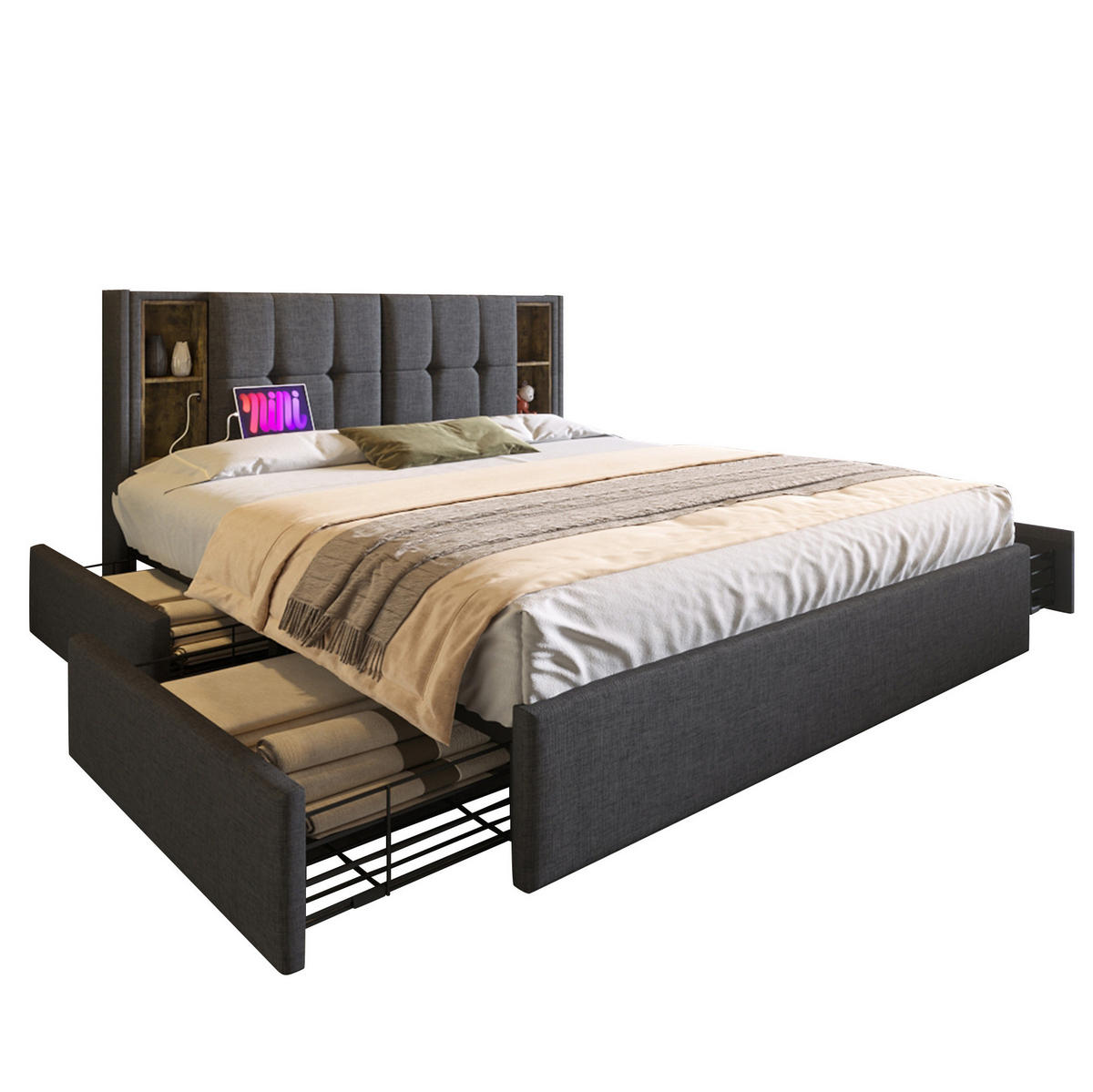 BETT mit 4 Schubladen und Ladestation 160x200 cm Leinen Grau - Grau, Metall (160/200cm) - Meubliv