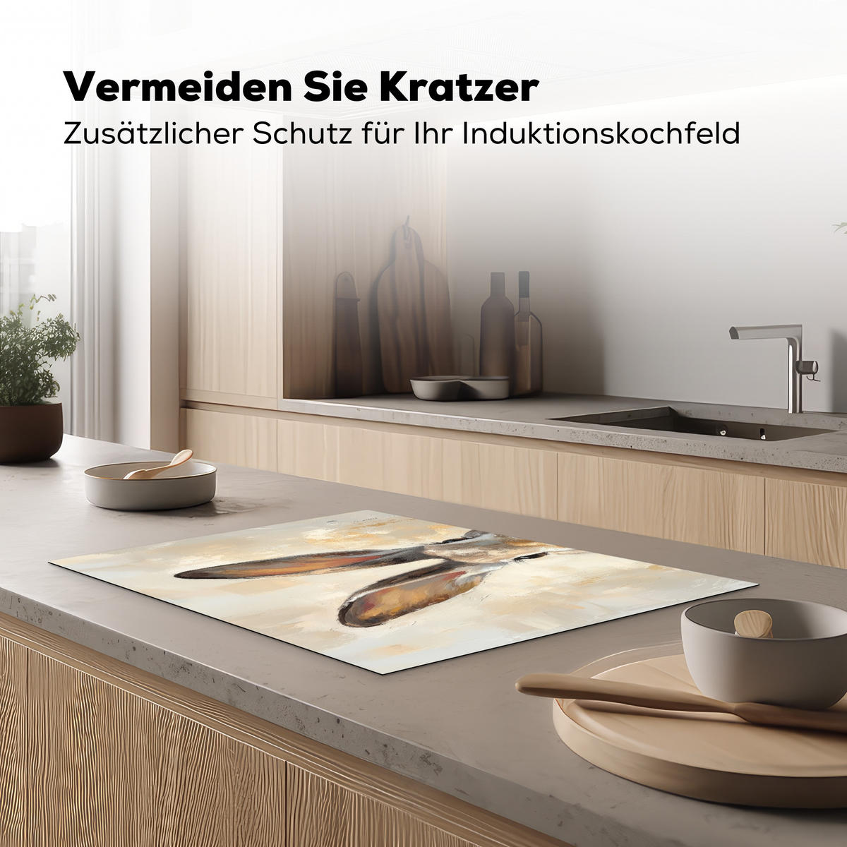 HERDABDECKPLATTE Hase - Ohren - Braun Herdabdeckung Induktionsfeld 75x52 cm - Beige, Kunststoff (75/52/0.2cm) - MuchoWow