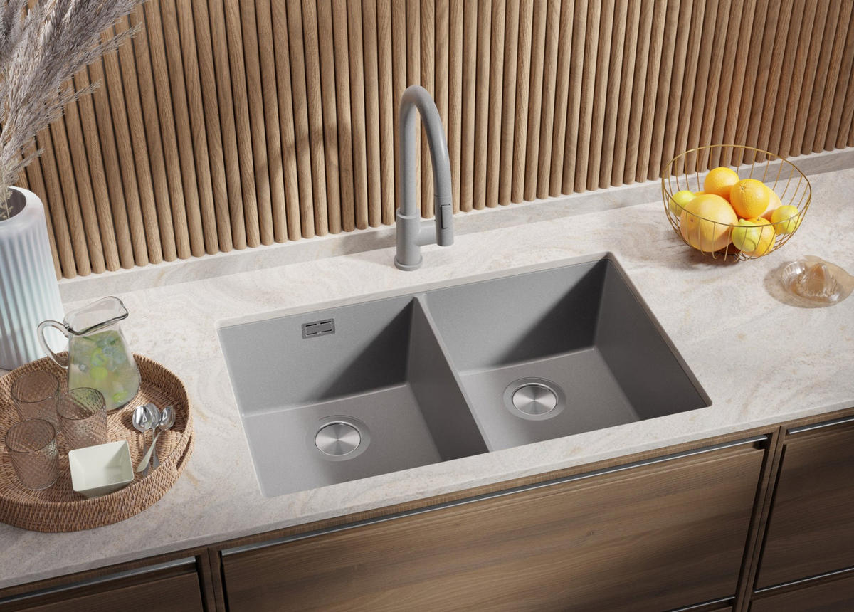 UNTERBAUSPÜLE GRANIT London Twin, 2-er set Grau 76/47 cm 2 Becken + Ablauf-Set ab 80er Unterschrank - Grau, Kunststoff (76/20/47cm) - Primagran