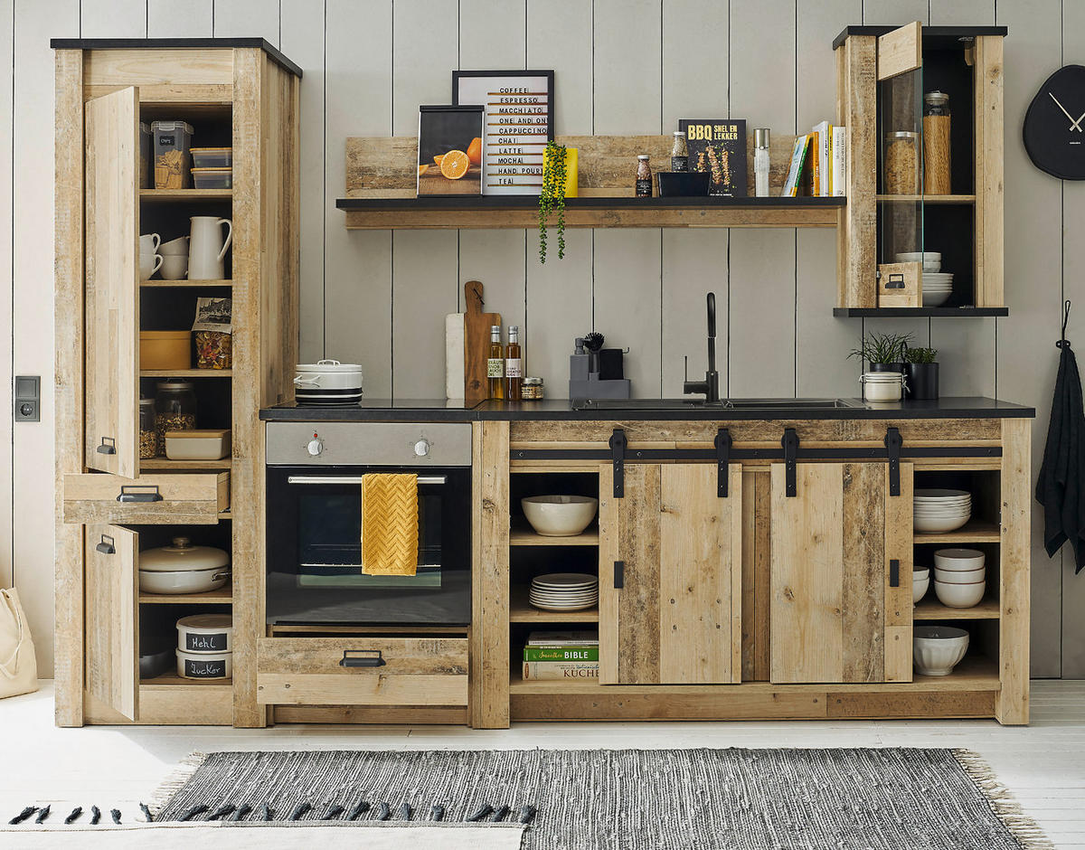 KÜCHEN-SET Used Wood hell, anthrazit 196 cm, Küchenschrank Set 3-teilig mit Schiebetür - Anthrazit/Schwarz, Holzwerkstoff/Metall (196/180/64cm) - Furn.Design