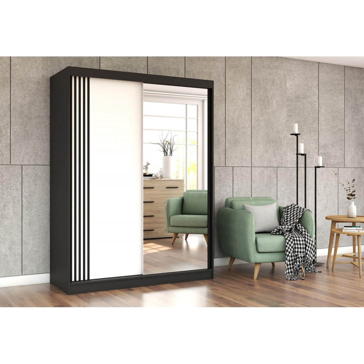 SCHIEBETÜRENSCHRANK - Lara 07 (Schwarz + Weiß) - Schwarz/Weiß, Holzwerkstoff/Metall (150/200/61cm) - Möblo