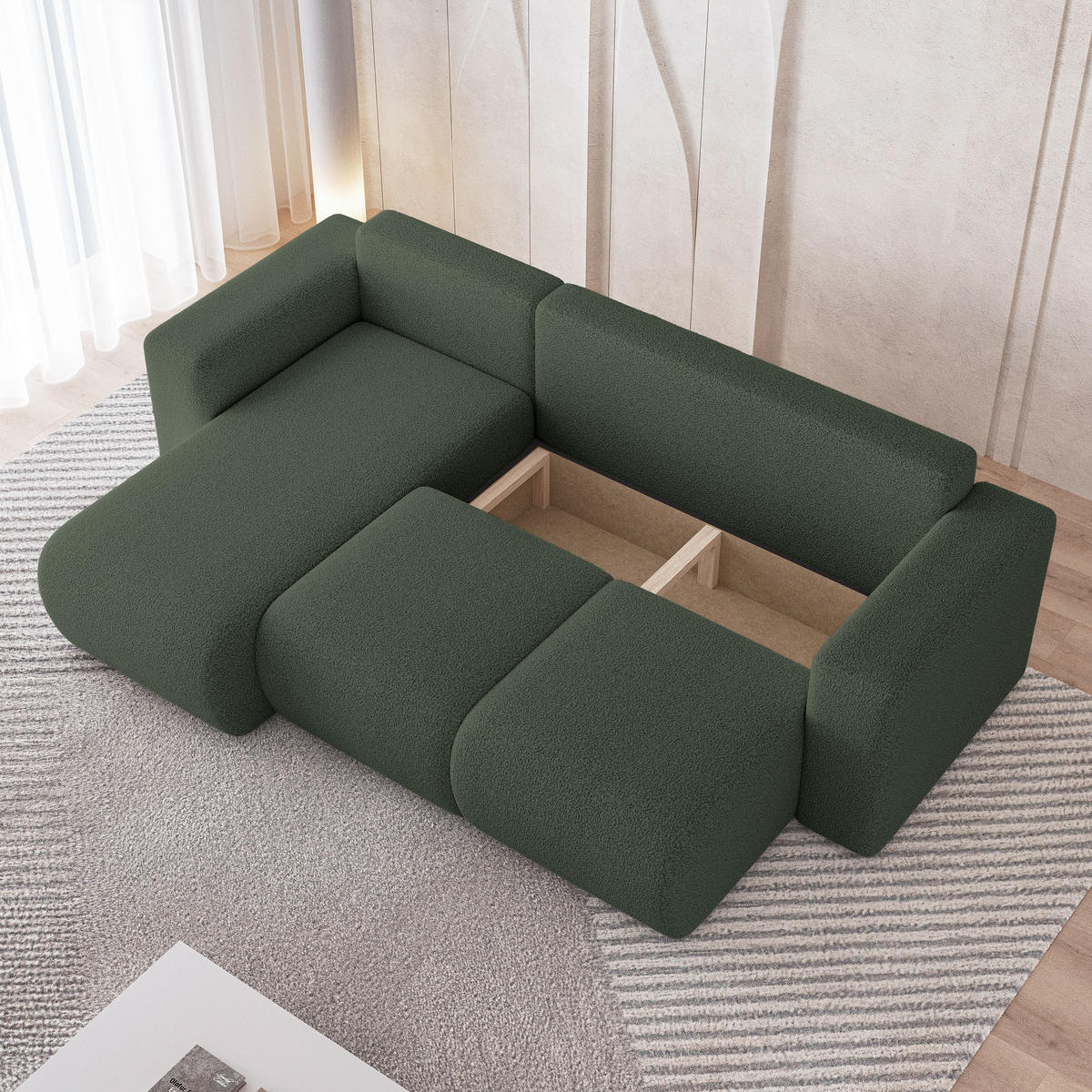 ECKSOFA RINOVA Grün Boucle-Stoff mit Schlaffunktion - Grün, Holz (250/143cm) - MASSENO