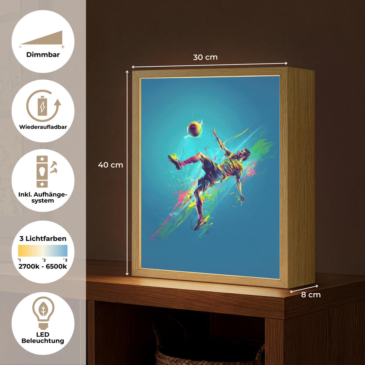NACHTTISCHLAMPE MIT AKKU Fußballer - Farbspritzer - Farbenfroh - Ball 30x40 cm - Blau, Holzwerkstoff (8/30/40cm) - OnlyWow