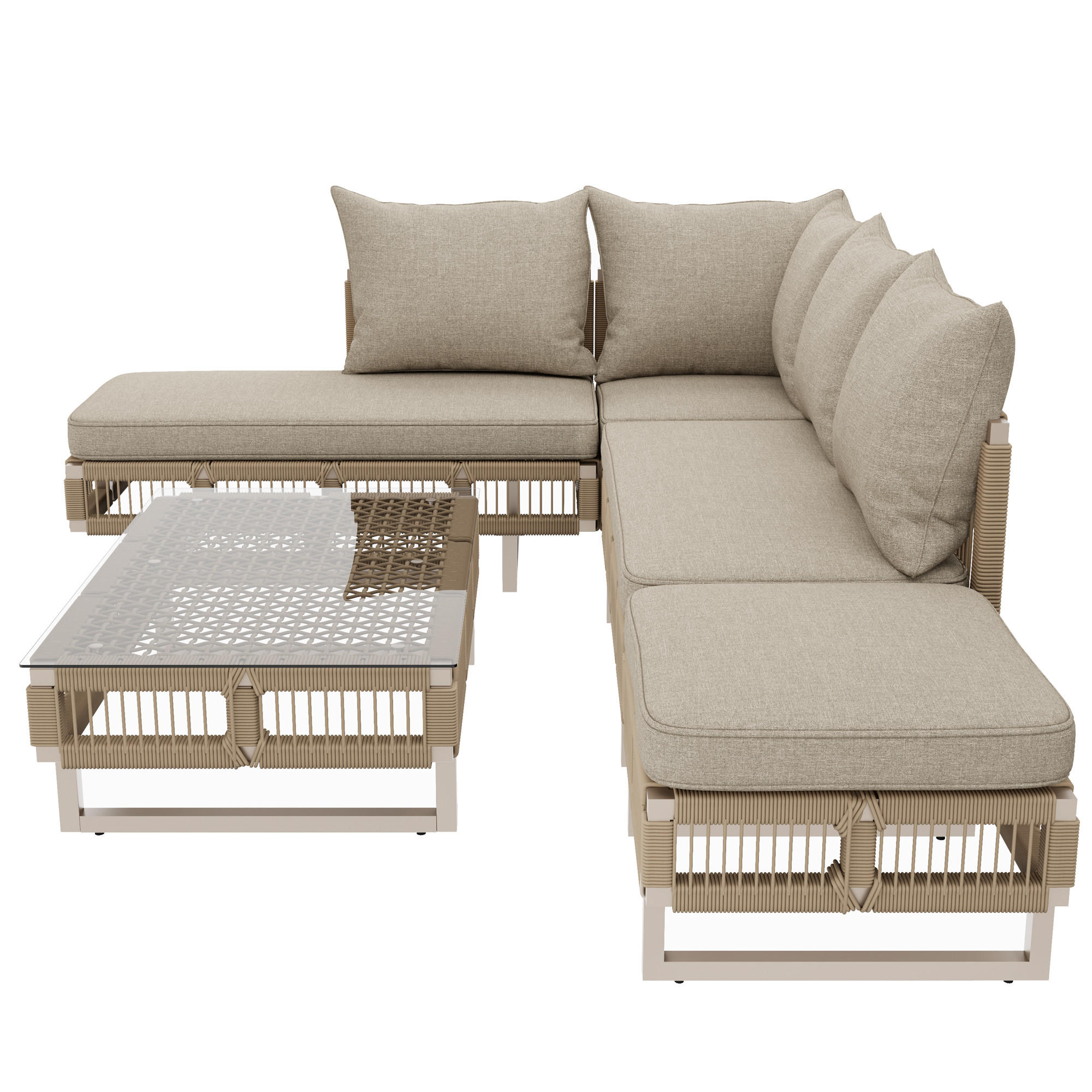 LOUNGESET, Seilgeflecht, Verstellbare Füße, Glas-Couchtisch, Beige - Beige, Metall - FLIEKS