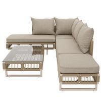LOUNGESET, Seilgeflecht, Verstellbare Füße, Glas-Couchtisch, Beige - Beige, Metall - FLIEKS