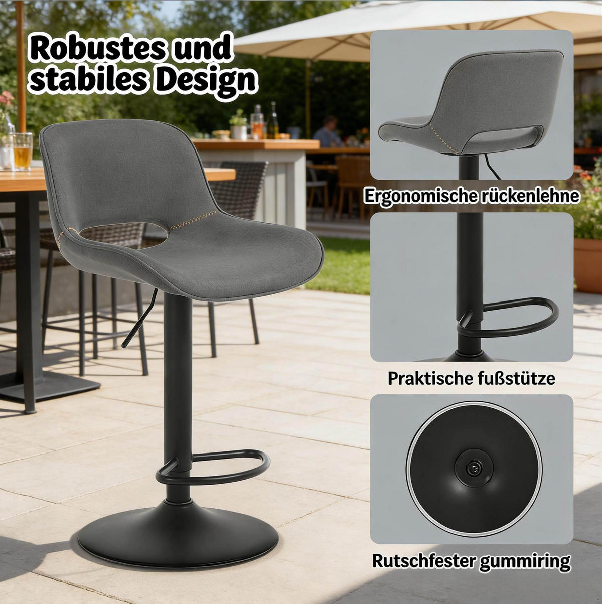 BARHOCKER 2er-Set, höhenverstellbar und 360° drehbar, Grau - Grau, Metall (49/106/49cm) - MIVRAY