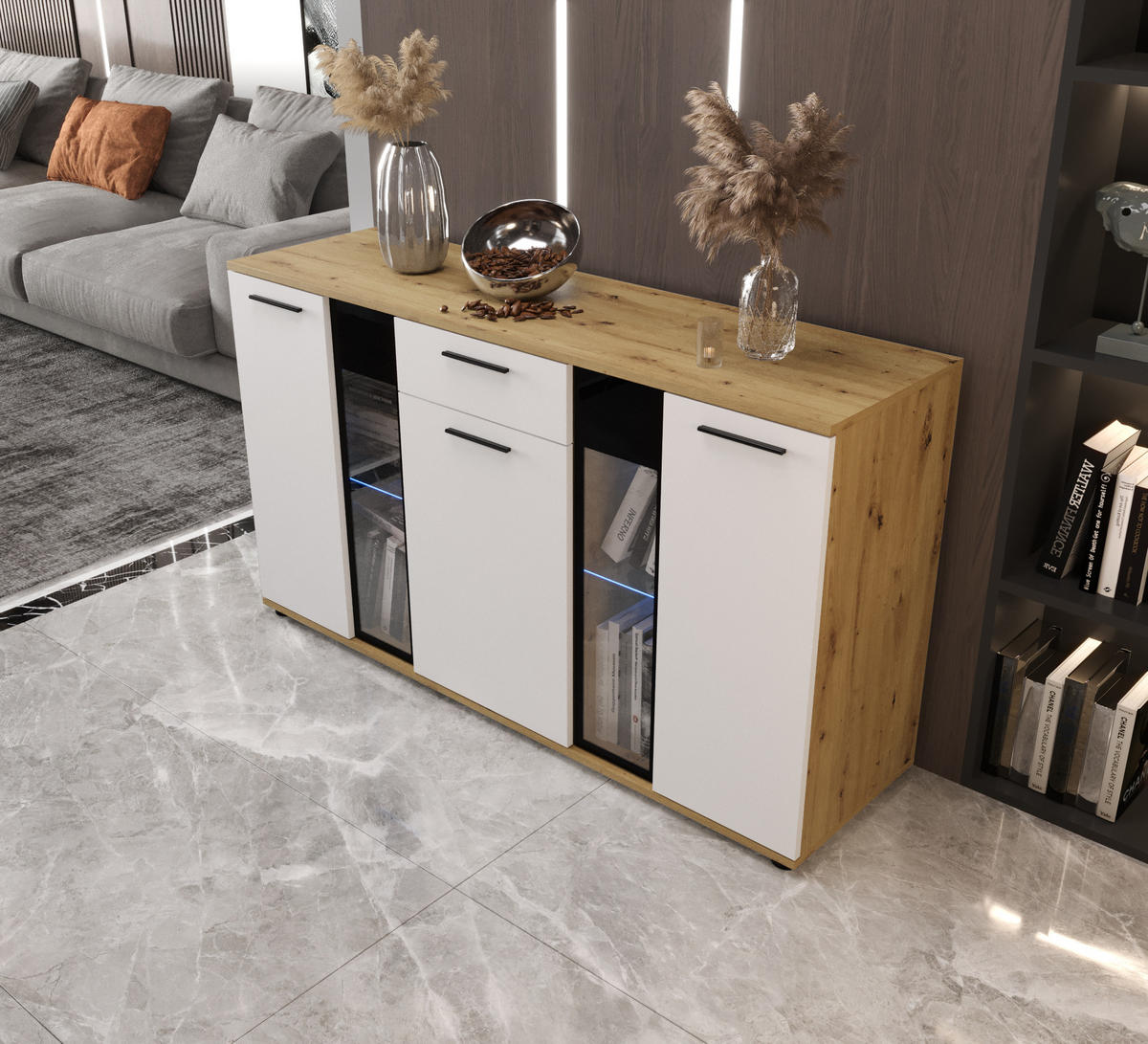 KOMMODE London LSK mit 3 Türen, Sideboard in Farbe: Weiß|Braun, Größe: 140 x 80 x 40 cm - Weiß/Braun, Holzwerkstoff (140/80/40cm) - O-Sofa
