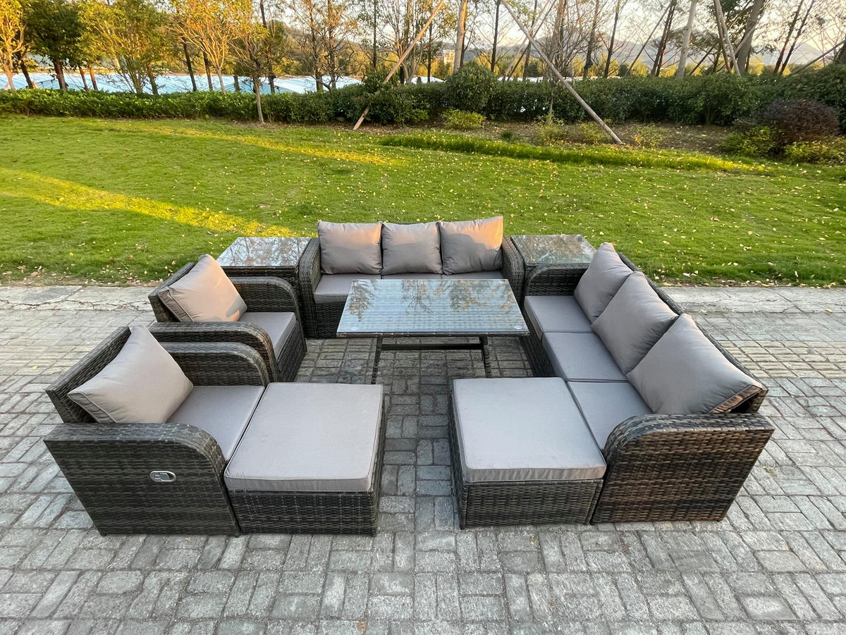 GARTENSET Hohe Rückenlehne Polyrattan 10-Sitzer - Dunkelgrau/Grau, Glas/Kunststoff - Fimous