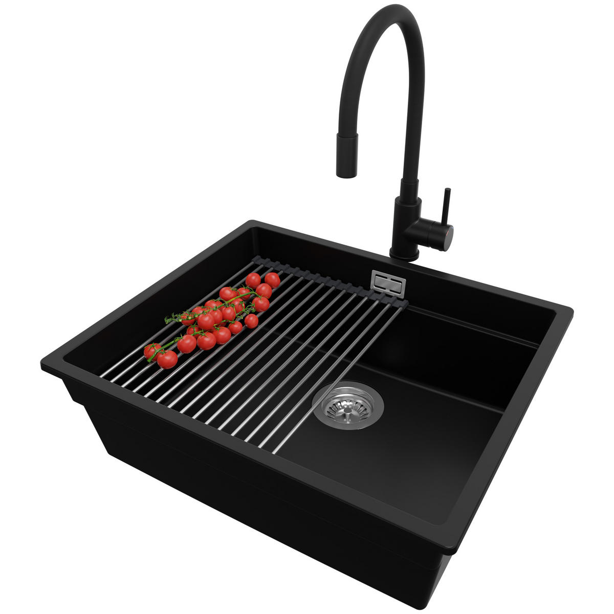 GRANITSPÜLE Praga Slim, 2-er set Schwarz 56/47 cm 1 Becken + Küchenarmatur 40/38 cm + Ablauf-Set + Aufrollbare Abtropffläche ab 60er Unterschrank - Chromfarben/Schwarz, Kunststoff (56/20/47cm) - Primagran