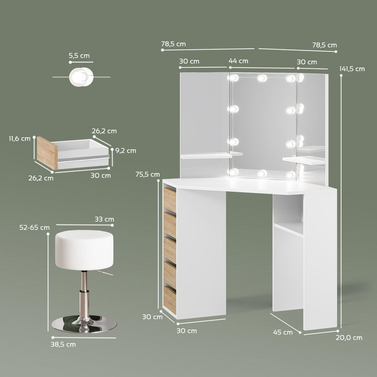 ECKSCHMINKTISCH Enna Weiß/Sonoma 110 cm mit LED Beleuchtung und Hocker - Weiß/Sonoma Eiche, Holzwerkstoff (110/141.5/54cm) - Livinity®