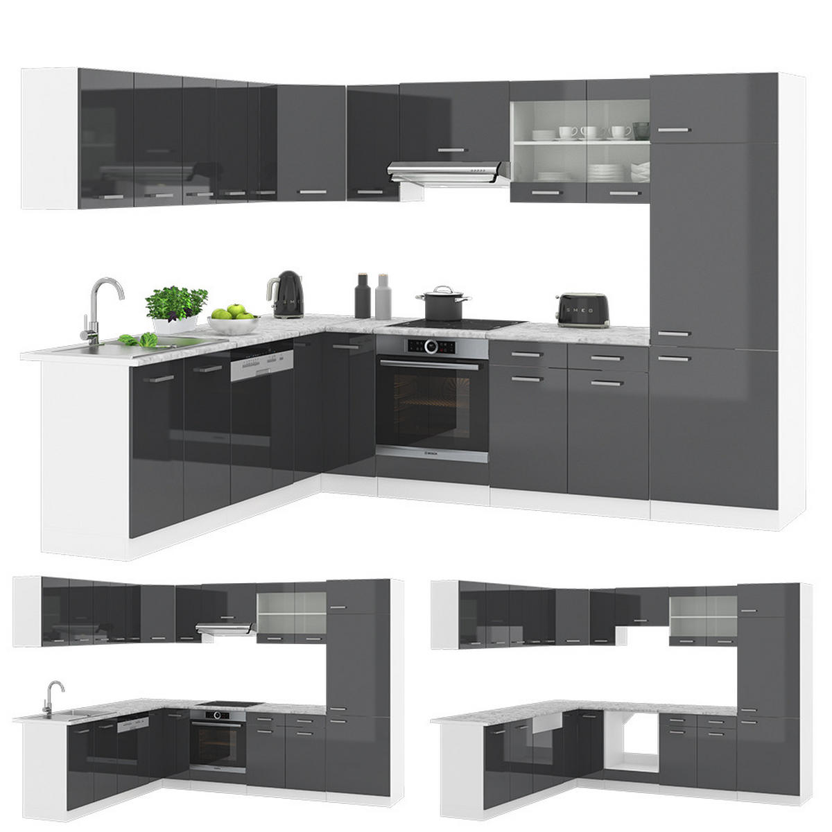 ECKKÜCHE R-Line Anthrazit Hochglanz/Weiß 227 x 287 cm, AP Eiche - Anthrazit/Weiß, Holzwerkstoff (287/81.6/60cm) - Vicco