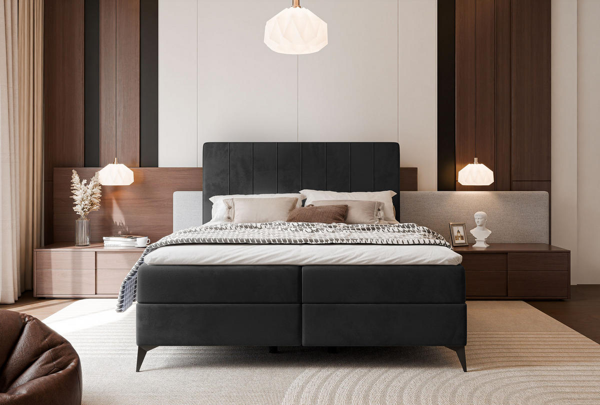 BOXBETT VERA 120x200 cm mit Matratze und Topper, Weicher wasserabweisender Samt Schwarz - Schwarz, Textil (120/200cm) - Idohome