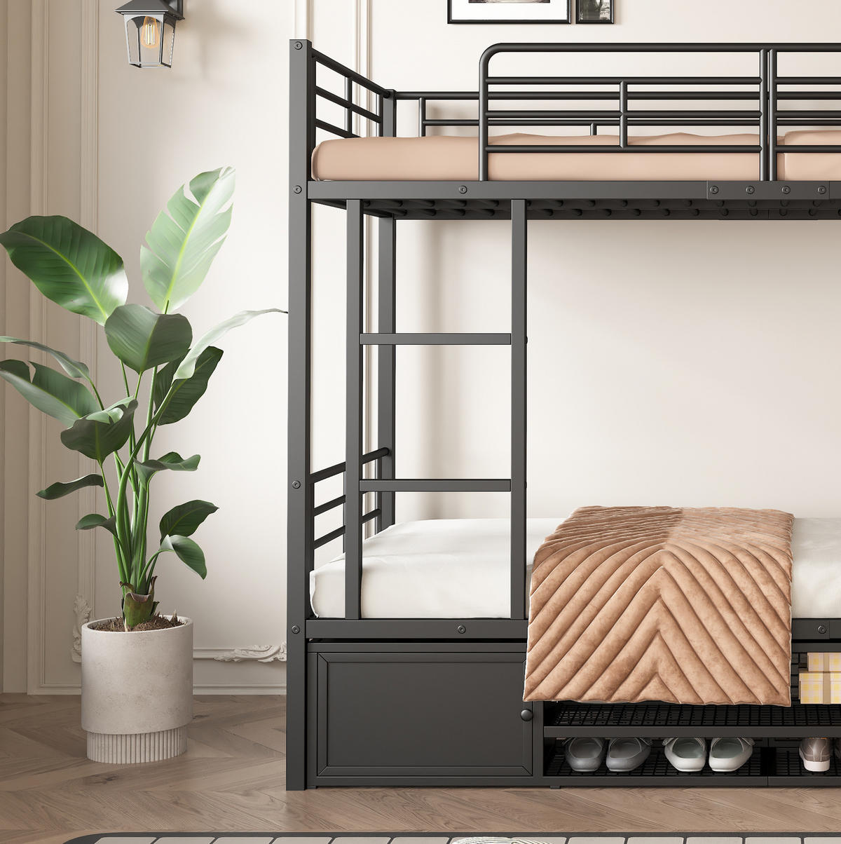 ETAGENBETT aus Metall 90x200 cm Schwarz mit Leiter, Fallschutz und Schuhablage - Schwarz, Metall (90/200cm) - Modfu