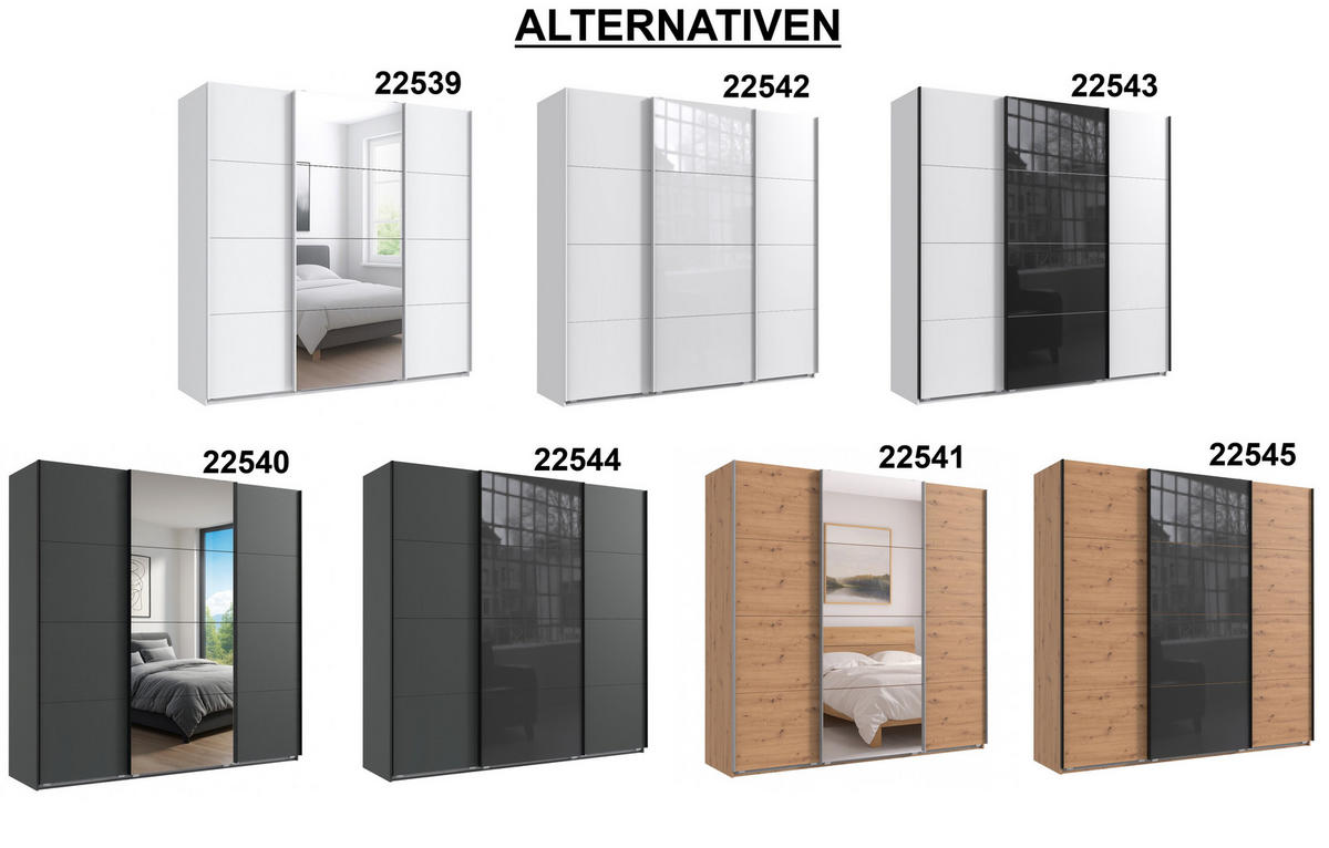 SCHWEBETÜRENSCHRANK 3-türig extrahoch in Grafit, eine Tür mit Spiegel, B225/H236/T64 cm / 22540 - Schwarz/Graphitfarben, Holzwerkstoff/Metall (225/236/64cm) - luma-home