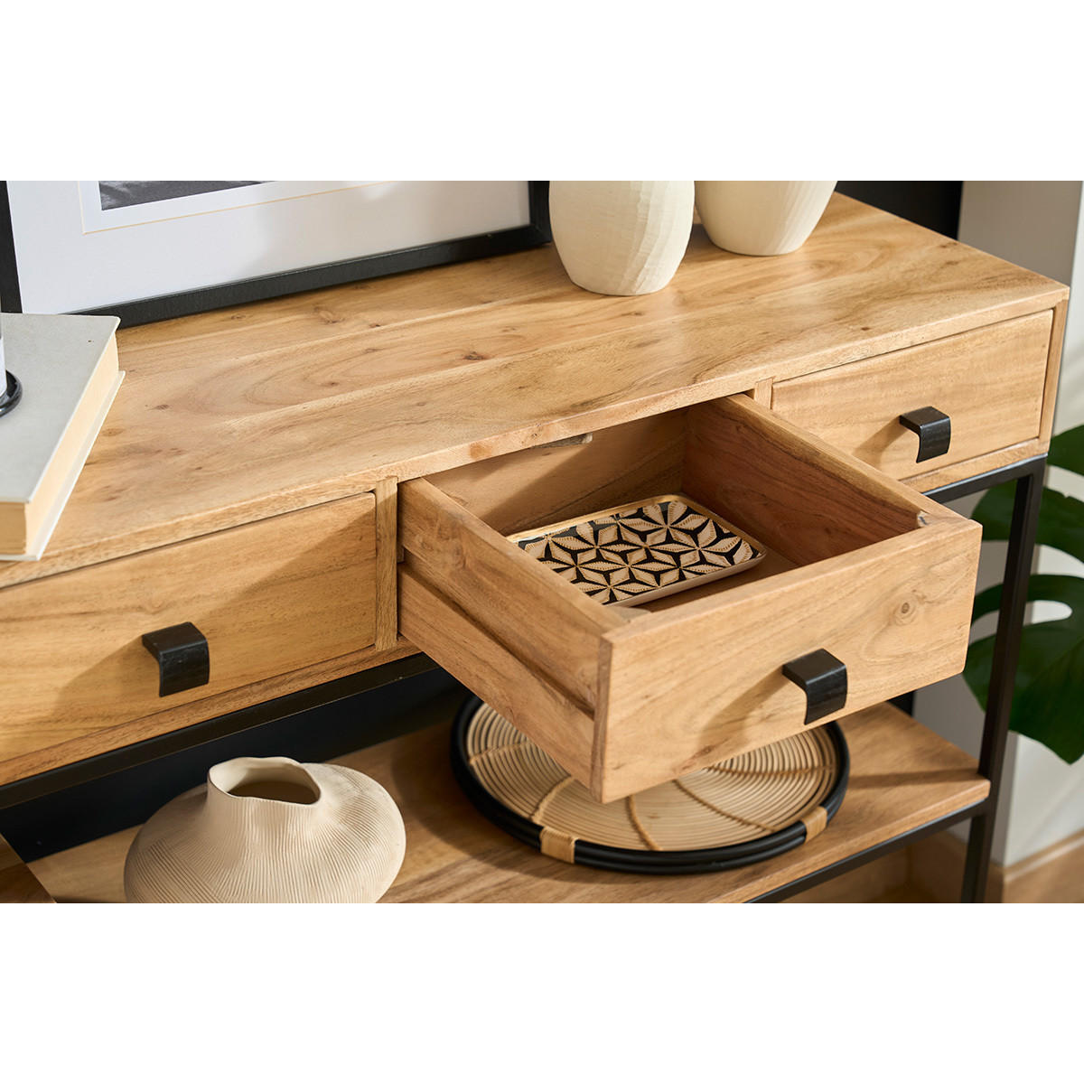 KONSOLE 4 Schubladen Akazienholz Metall Schwarz L115 GRENELLE - Dunkelbraun, Holz (115/30/80cm) - Miliboo