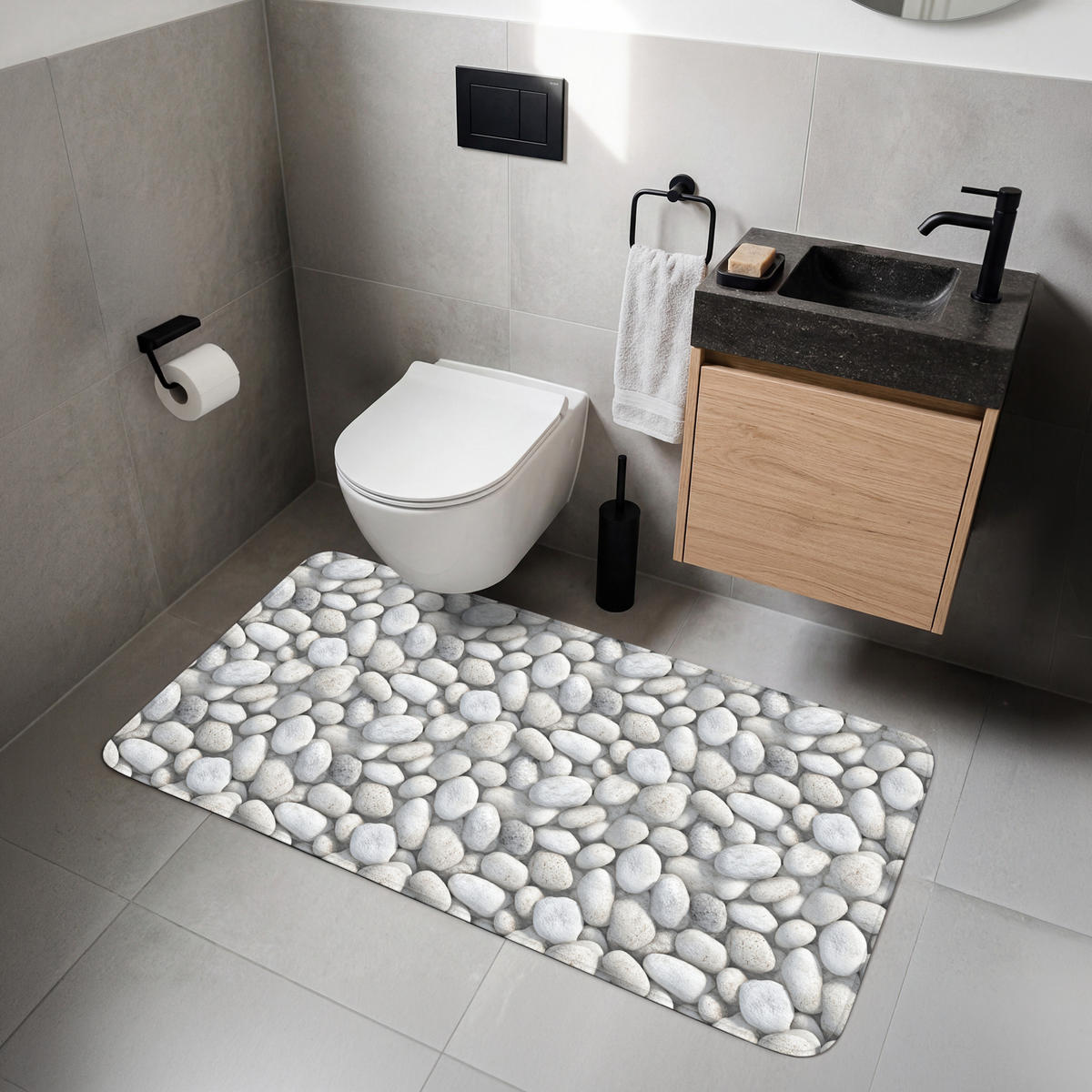 WC PŘEDLOŽKA Kameny - šedé - oválné 120x60 cm - světle šedá, textil/plast (120/1cm) - OnlyWow