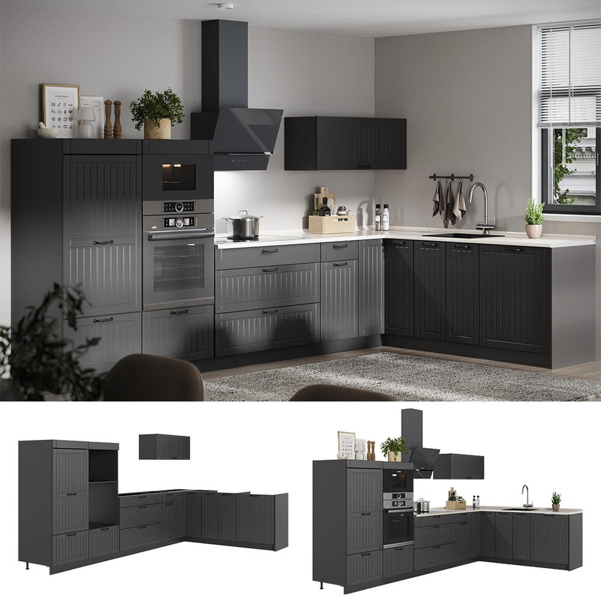 KUHINJA U OBLIKU SLOVA L Fame-Line, Tamnosiva/Antracit, 347 x 207 cm, RP Hrast - tamno siva/antracit, drvni materijal (347/153.6/60cm) - Vicco