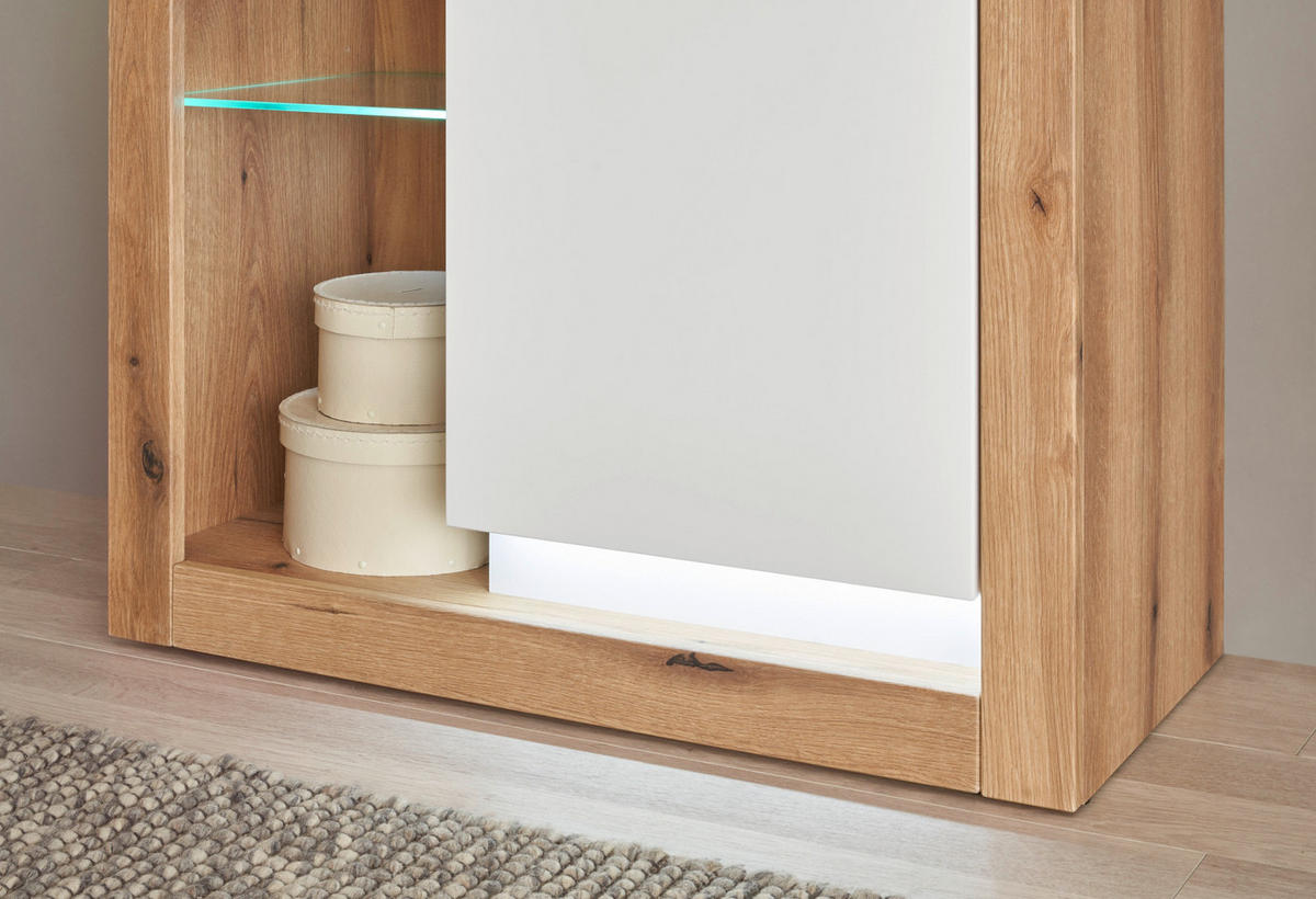 WOHNWAND weiß matt, Evoke Eiche, Wohnkombination Set 4-teilig 350 cm - Eichefarben/Silberfarben, Glas/Holzwerkstoff (350/195/43cm) - Furn.Design