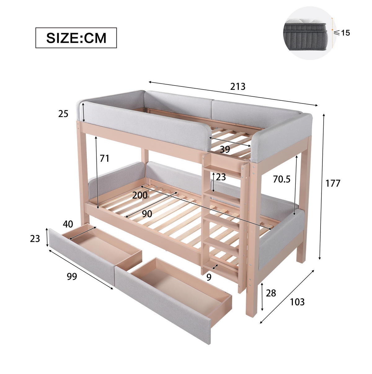 ETAGENBETT aus Kautschukholz und MDF 90x200 cm Grau/Natur mit Treppe und 2 Schubladen - Grau, Holzwerkstoff (90/200cm) - IVMEU