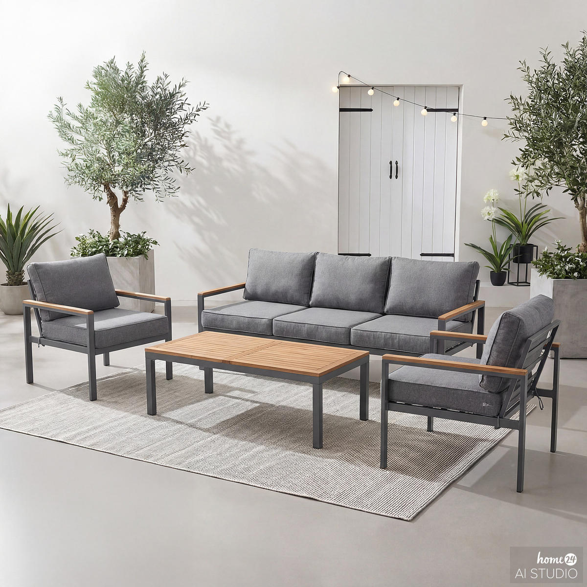 LOUNGESET - 4-teilig - Webstoff / Akazie massiv - Grau / Akazie Braun - Grau, Holz/Textil - home24